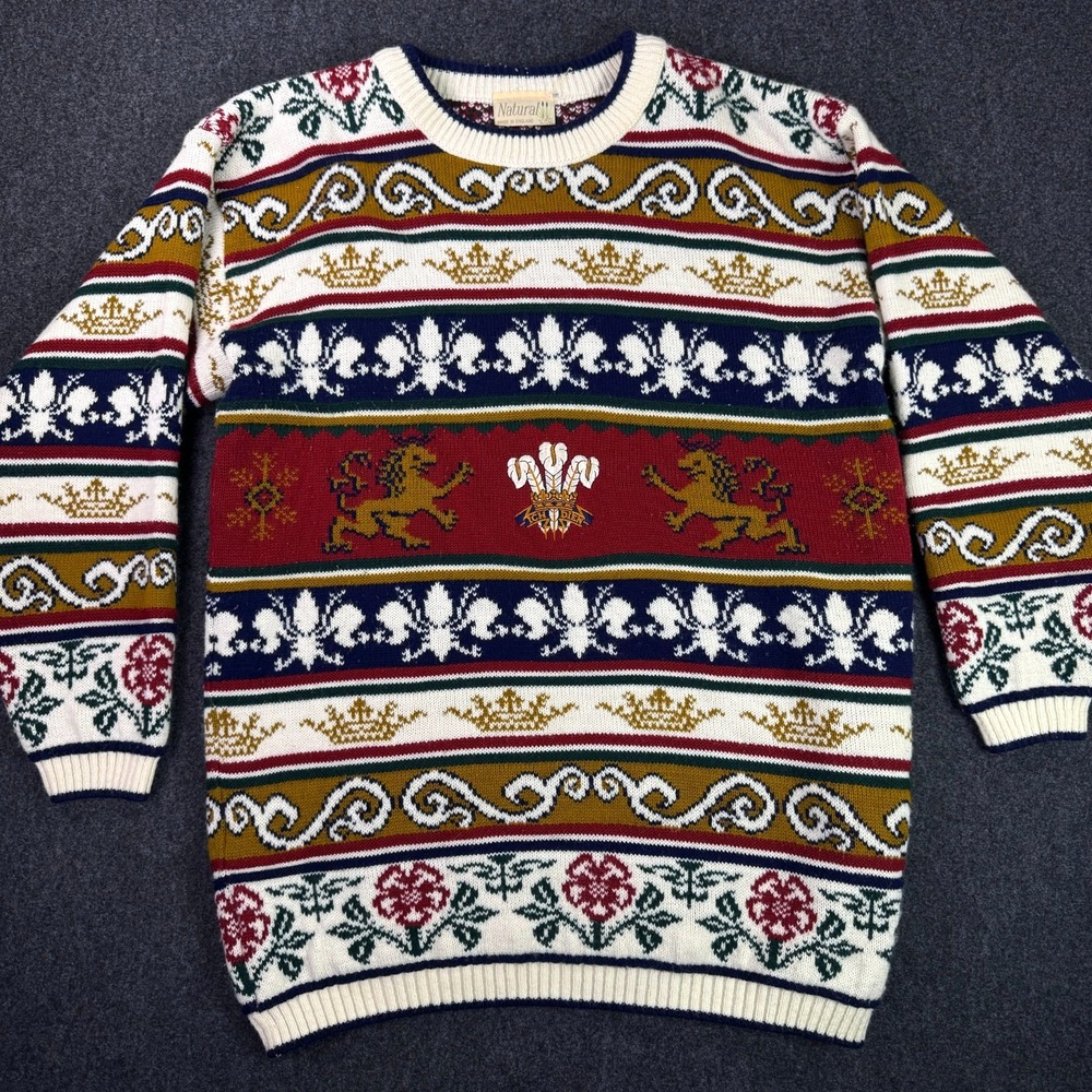Vintage 90s London ICH DIEN Embroidered Womens Med Sweater Crest Roses Cottage
